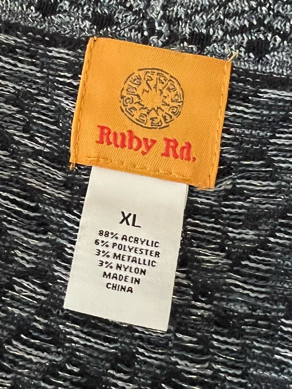 Ruby Rd. Black/Light Blue Patterned Fringe Open-Front Cardigan, XL - Picture 2 of 6